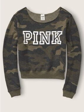 PINK Victoria's Secret Classic Logo Off Shoulder Green Camo Crewneck Sweater
